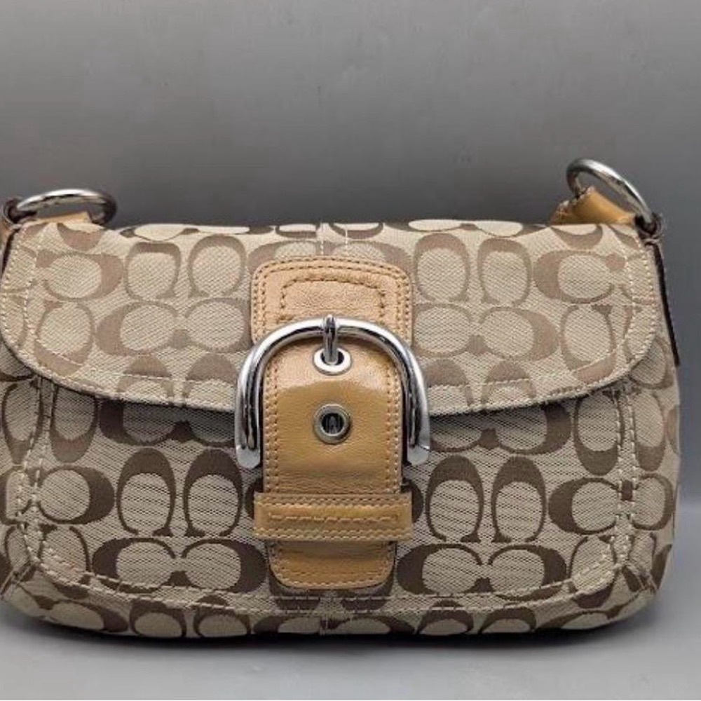 Y2k soho Coach Signature Canvas Beige Shoulder Bag with Leather Trim